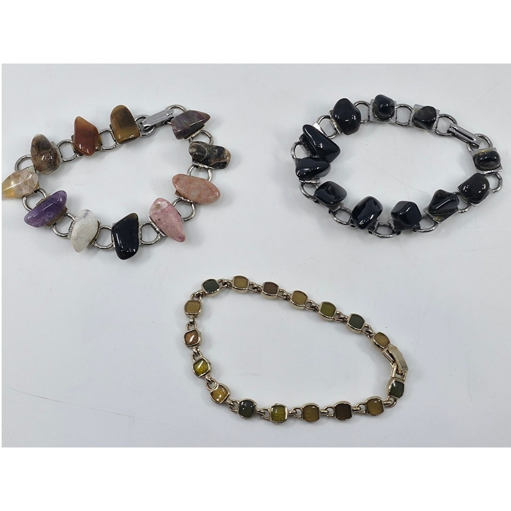 Vintage Mixed Stone & Enamel Bracelet Lot 3pc Amethyst Tigers Eye Black Earthy